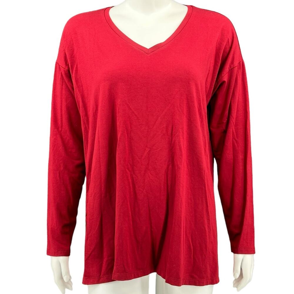 Eileen Fisher Top Womens Medium Red Tunic Long Sleeves V-Neck Stretch Minimalist